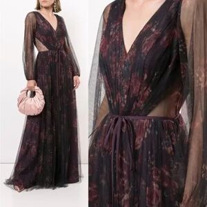 Marchesa Notte Floral Print Sheer Panel Gown SALERNO Sz 0 Purple Bridesmaid Plum